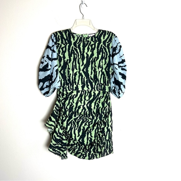Rhode Pia Tiger Print Color block Wrap Ruched Mini Puff Sleeve Dress - Picture 7 of 13